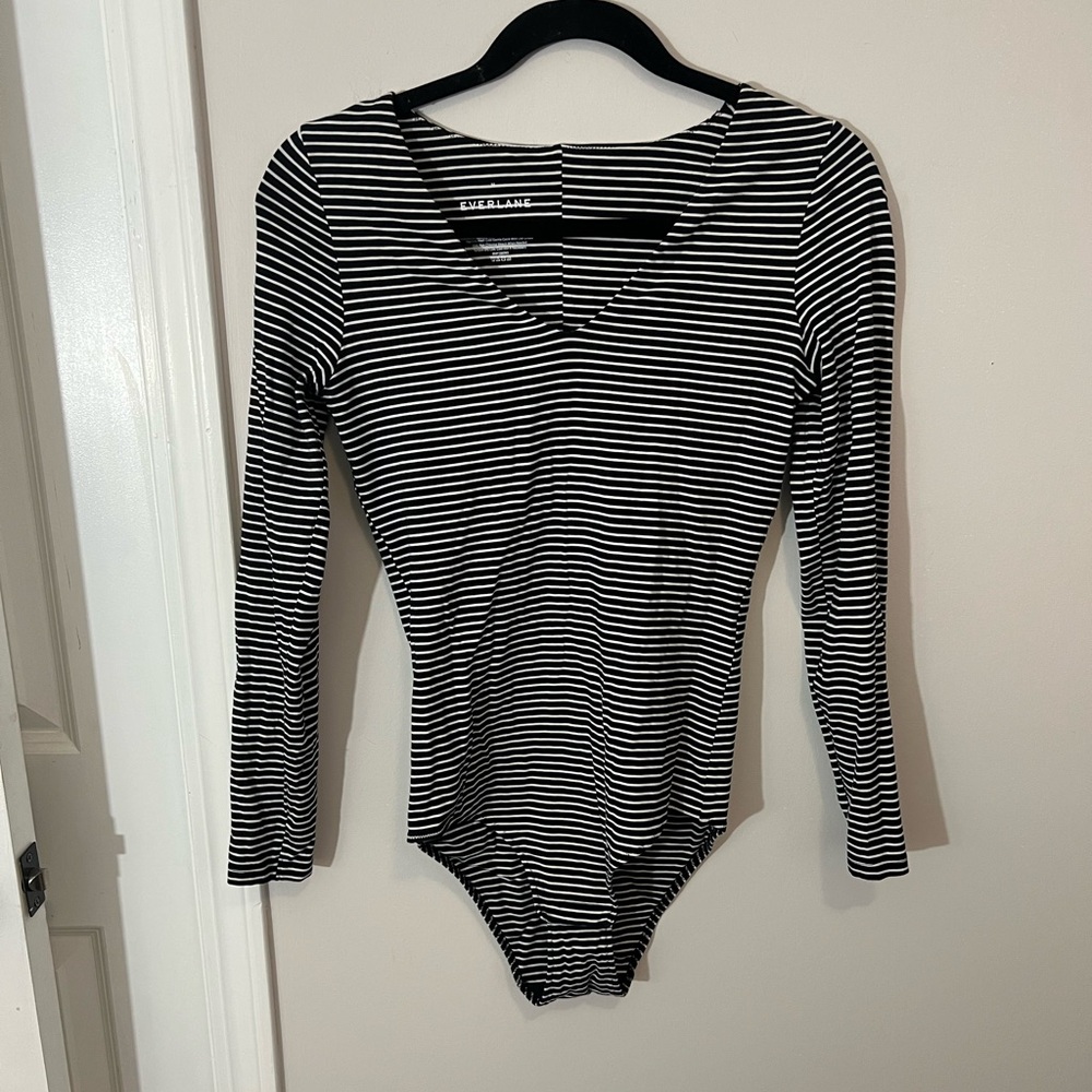 Everlane Striped Supima Cotton Blend Double lined Long Sleeve Bodysuit,medium